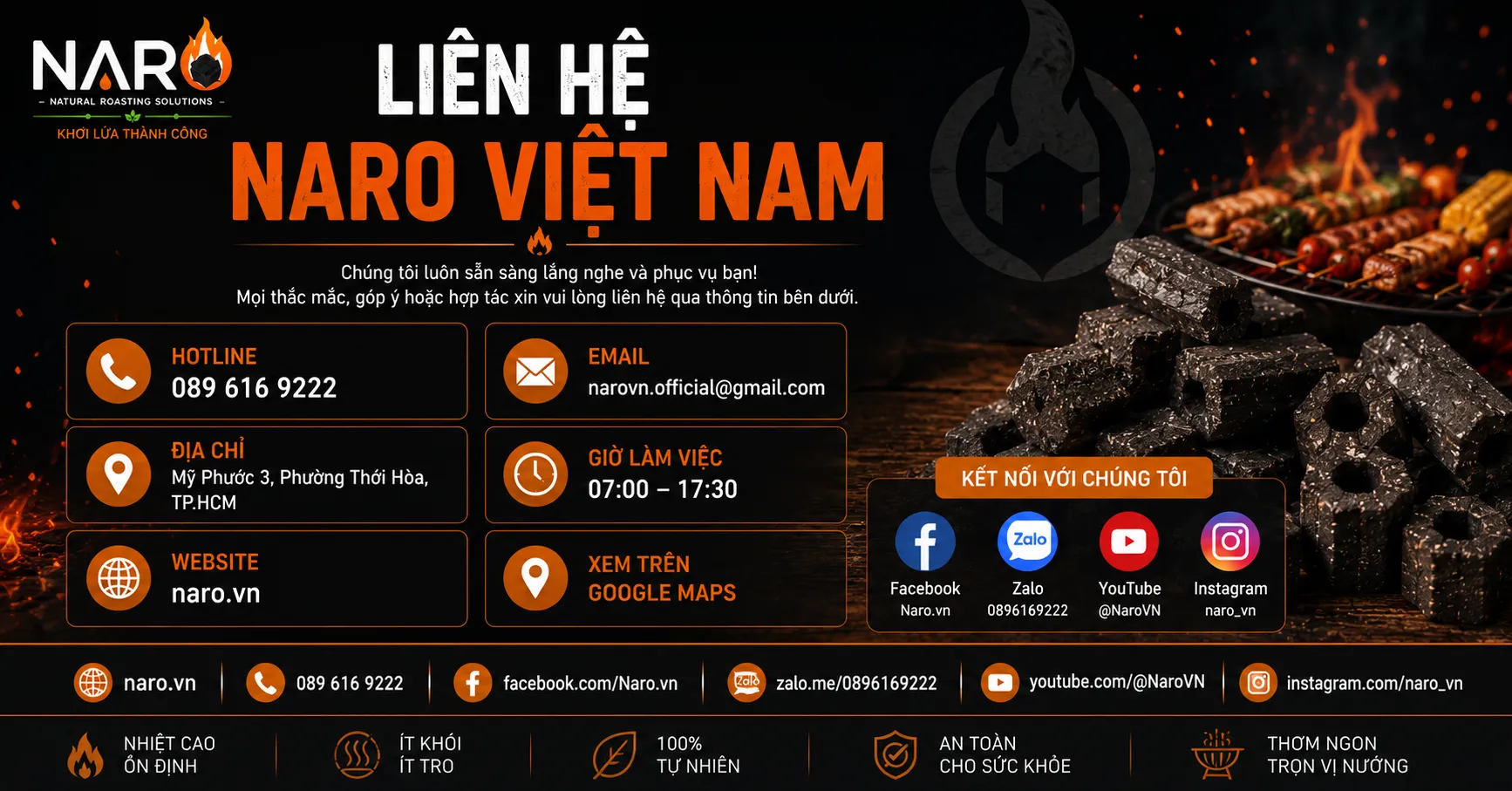 Liên hệ NARO | Than không khói, Viên mồi than & Vật tư BBQ